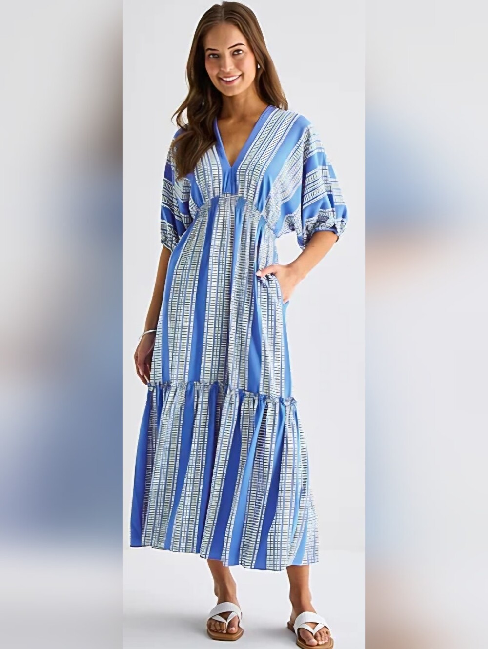 Taylor Sapphire Blue Striped Dolman Sleeve Smocked Tiered Midi Maxi Dress 6